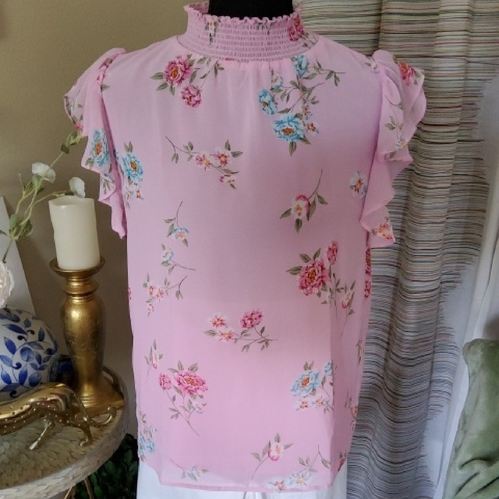 Cathrine Malandrino Floral Pink Ruffle Sleeve Top
